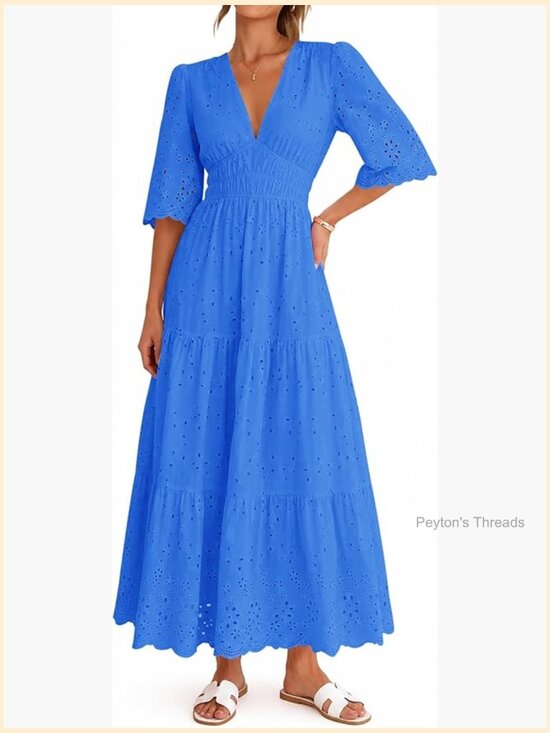 Dresses & Skirts - Long Sleeve Maxi Dress V Neck Hollow Out Eyelet Ruffle Swing A-Line Fall Boho